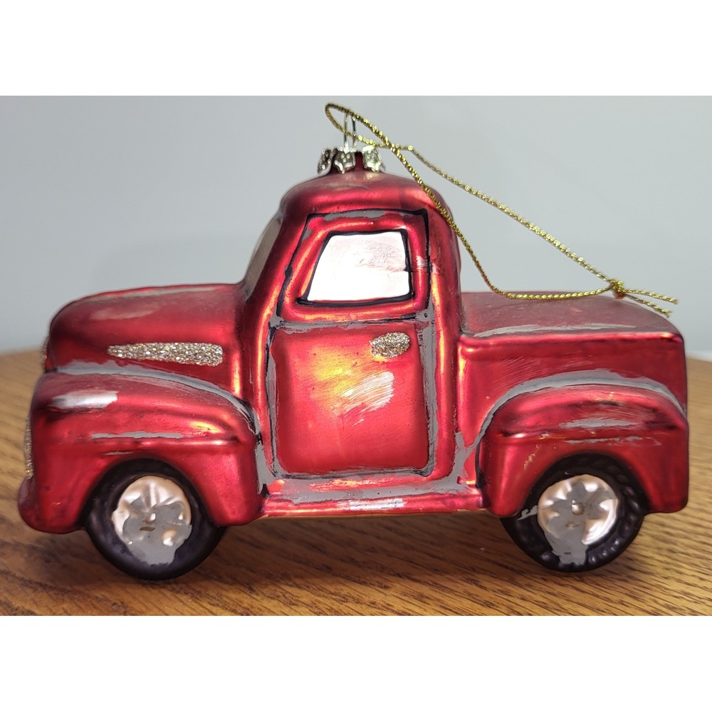 Red Glass Pickup Truck Christmas Ornament Vintage Style Glitter Accents